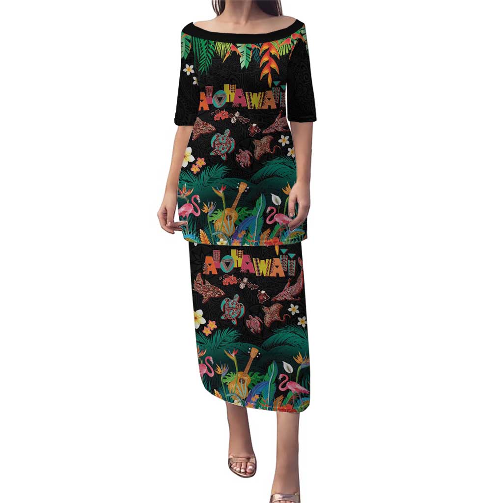 Hawaiian Alohawaii Family Matching Puletasi and Hawaiian Shirt Tribal Sea Animals Tattoo and Tropical Plants LT03 Mom's Dress Black - Polynesian Pride