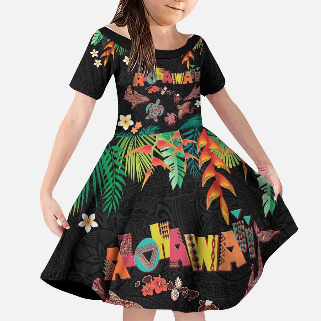 Hawaiian Alohawaii Family Matching Short Sleeve Bodycon Dress and Hawaiian Shirt Tribal Sea Animals Tattoo and Tropical Plants LT03 Daughter's Dress Black - Polynesian Pride