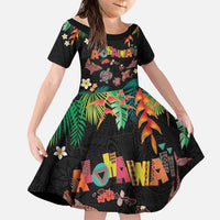 Hawaiian Alohawaii Family Matching Short Sleeve Bodycon Dress and Hawaiian Shirt Tribal Sea Animals Tattoo and Tropical Plants LT03 Daughter's Dress Black - Polynesian Pride