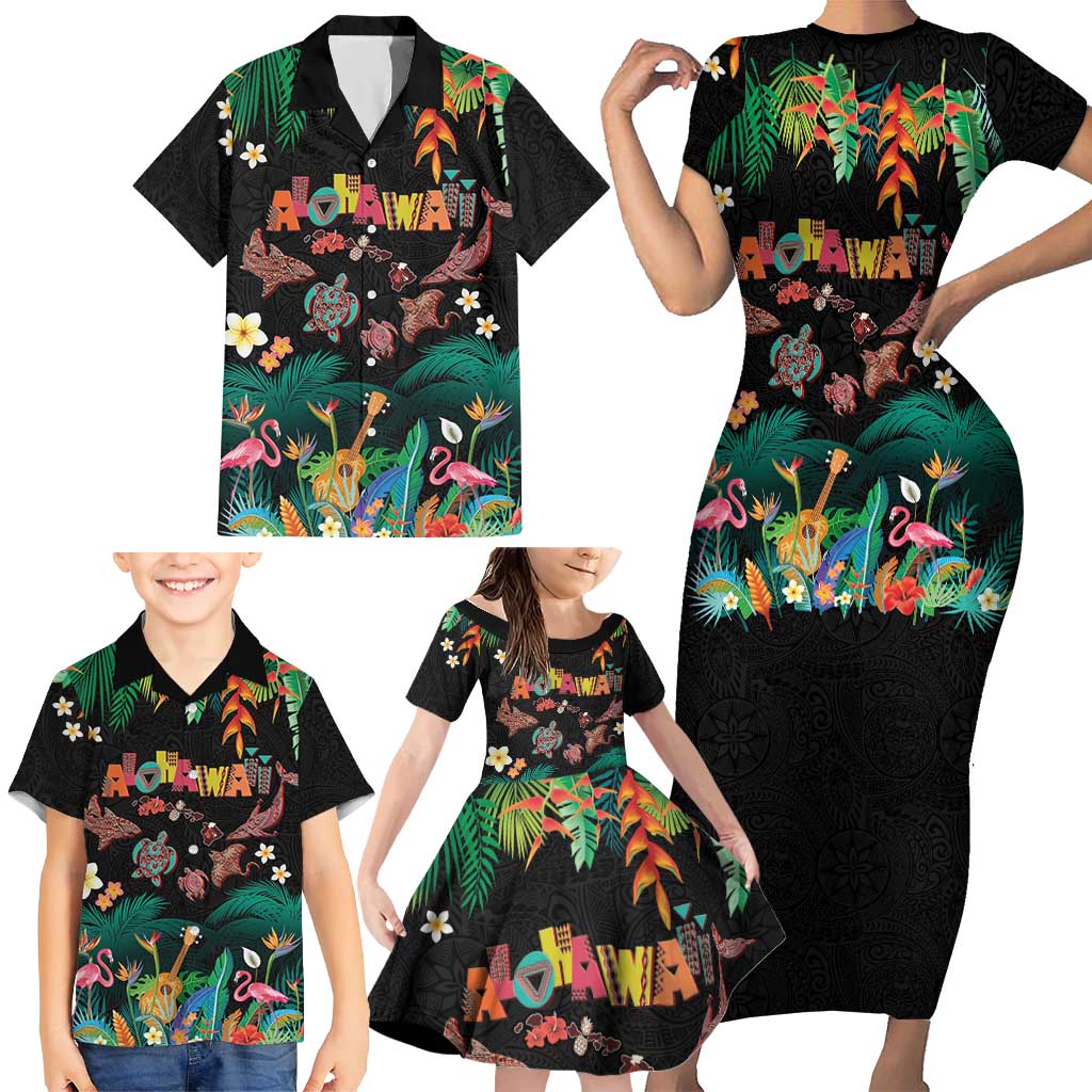 Hawaiian Alohawaii Family Matching Short Sleeve Bodycon Dress and Hawaiian Shirt Tribal Sea Animals Tattoo and Tropical Plants LT03 - Polynesian Pride