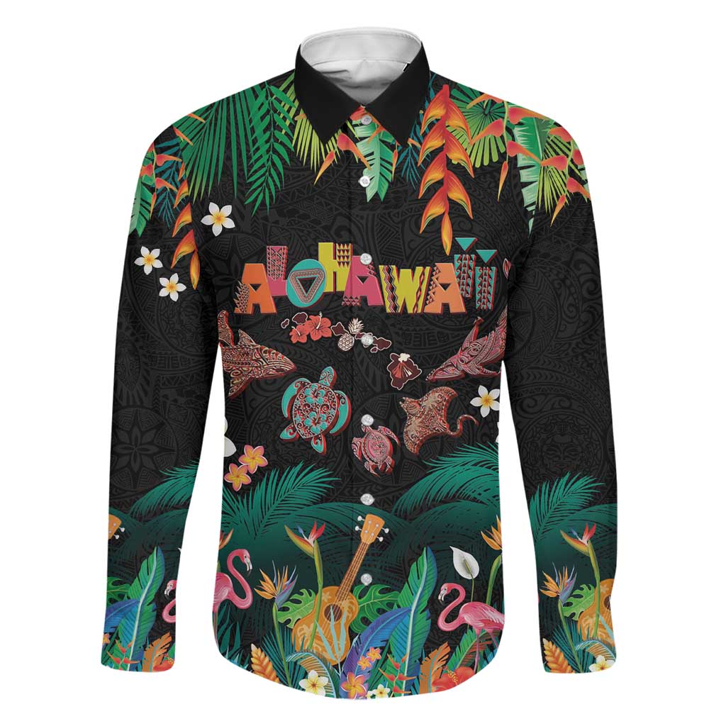 Hawaiian Alohawaii Family Matching Short Sleeve Bodycon Dress and Hawaiian Shirt Tribal Sea Animals Tattoo and Tropical Plants LT03 Dad's Shirt - Long Sleeve Black - Polynesian Pride