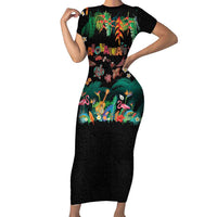 Hawaiian Alohawaii Family Matching Short Sleeve Bodycon Dress and Hawaiian Shirt Tribal Sea Animals Tattoo and Tropical Plants LT03 Mom's Dress Black - Polynesian Pride