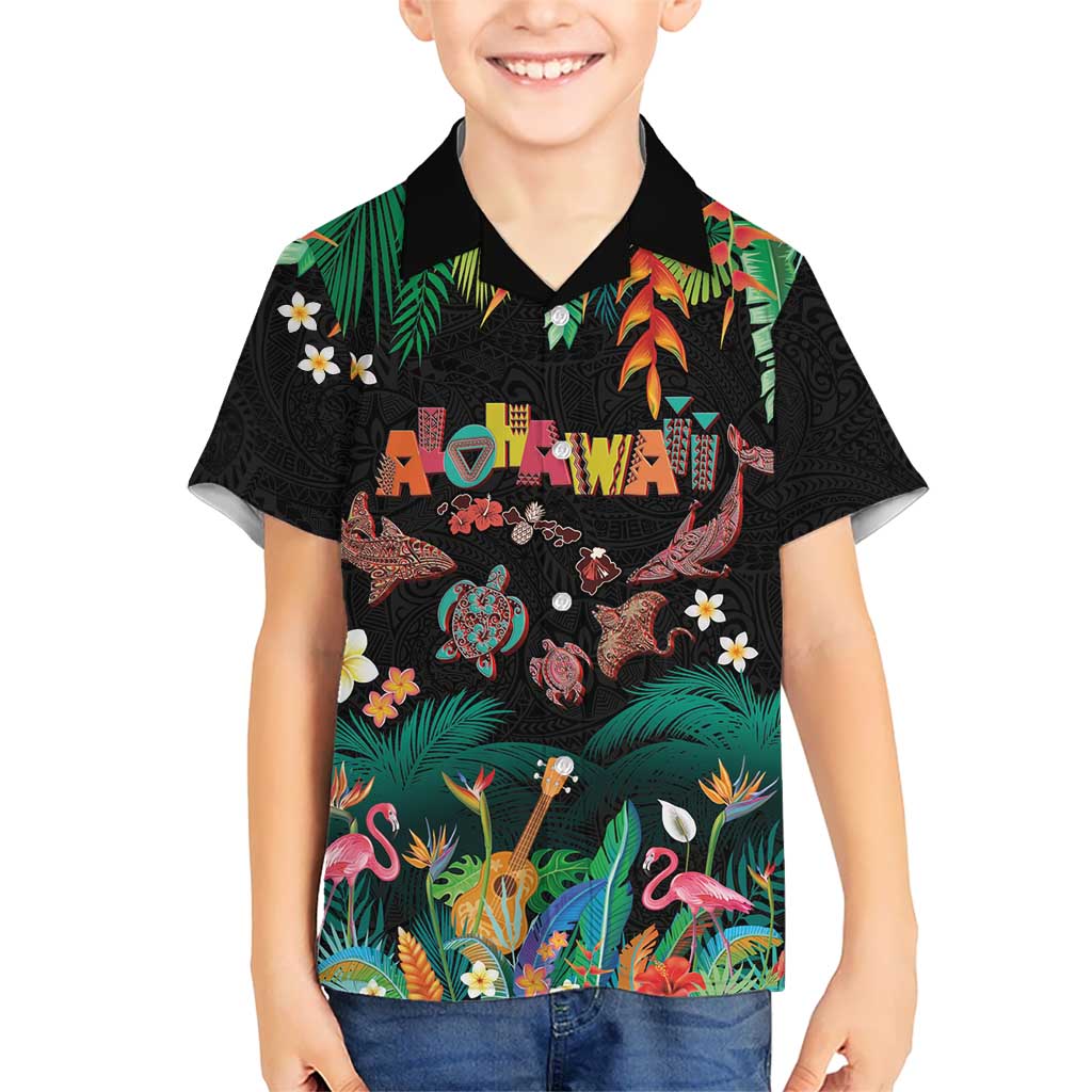 Hawaiian Alohawaii Family Matching Short Sleeve Bodycon Dress and Hawaiian Shirt Tribal Sea Animals Tattoo and Tropical Plants LT03 Son's Shirt Black - Polynesian Pride