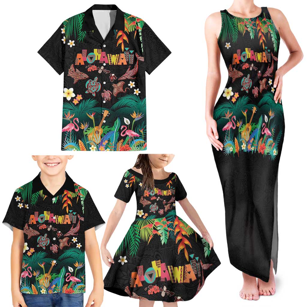 Hawaiian Alohawaii Family Matching Tank Maxi Dress and Hawaiian Shirt Tribal Sea Animals Tattoo and Tropical Plants - Polynesian Pride
