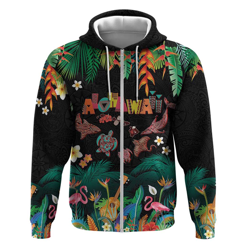 Hawaiian Alohawaii Hoodie Tribal Sea Animals Tattoo and Tropical Plants LT03 Zip Hoodie Black - Polynesian Pride