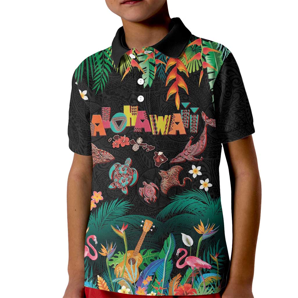 Hawaiian Alohawaii Kid Polo Shirt Tribal Sea Animals Tattoo and Tropical Plants LT03 Kid Black - Polynesian Pride