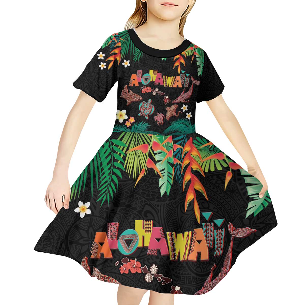 Hawaiian Alohawaii Kid Short Sleeve Dress Tribal Sea Animals Tattoo and Tropical Plants LT03 - Polynesian Pride