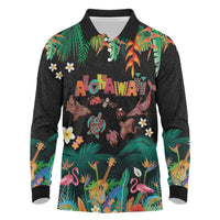 Hawaiian Alohawaii Long Sleeve Polo Shirt Tribal Sea Animals Tattoo and Tropical Plants LT03 Black - Polynesian Pride