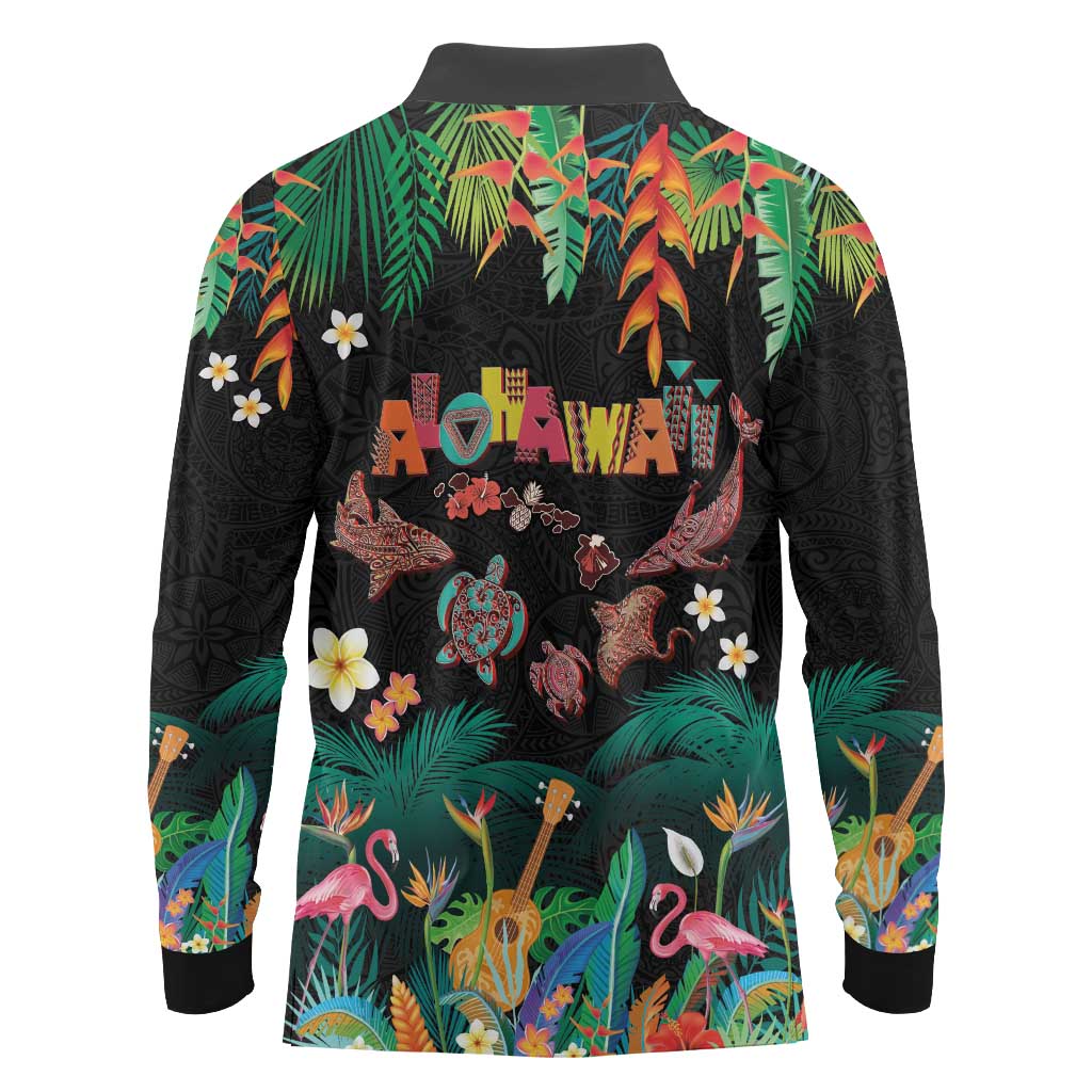 Hawaiian Alohawaii Long Sleeve Polo Shirt Tribal Sea Animals Tattoo and Tropical Plants LT03 - Polynesian Pride