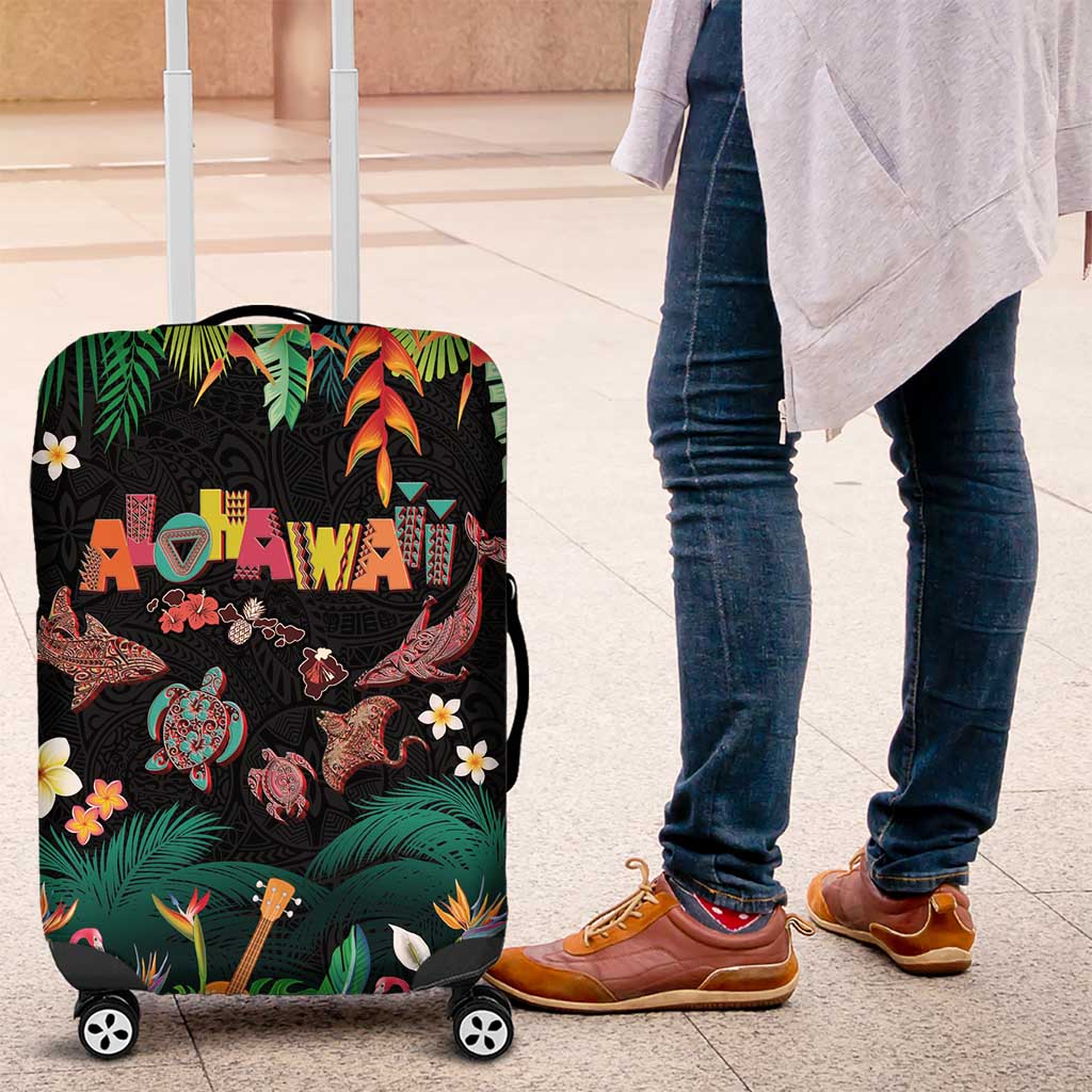 Hawaiian Alohawaii Luggage Cover Tribal Sea Animals Tattoo and Tropical Plants LT03 Black - Polynesian Pride