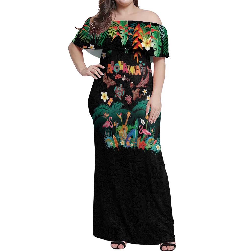 Hawaiian Alohawaii Off Shoulder Maxi Dress Tribal Sea Animals Tattoo and Tropical Plants LT03 Women Black - Polynesian Pride