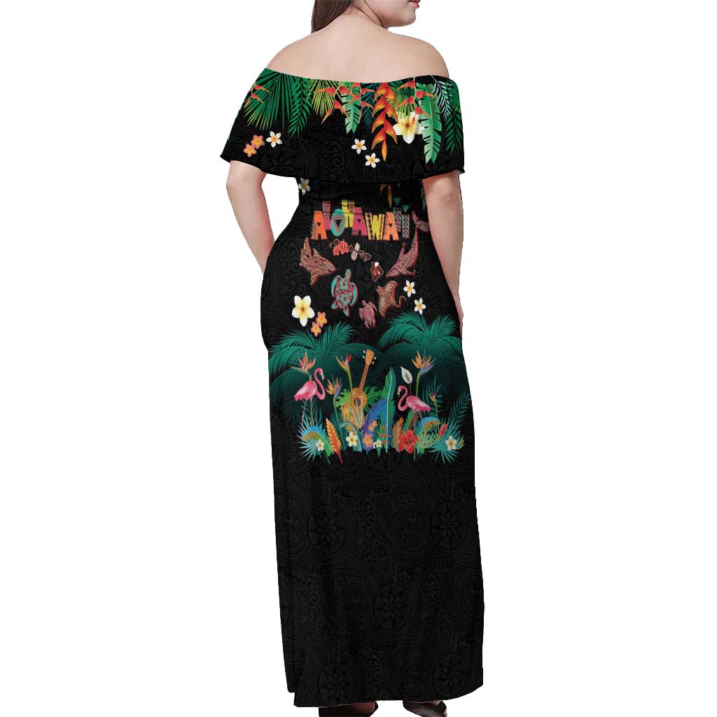 Hawaiian Alohawaii Off Shoulder Maxi Dress Tribal Sea Animals Tattoo and Tropical Plants LT03 - Polynesian Pride