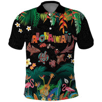 Hawaiian Alohawaii Polo Shirt Tribal Sea Animals Tattoo and Tropical Plants LT03 Black - Polynesian Pride