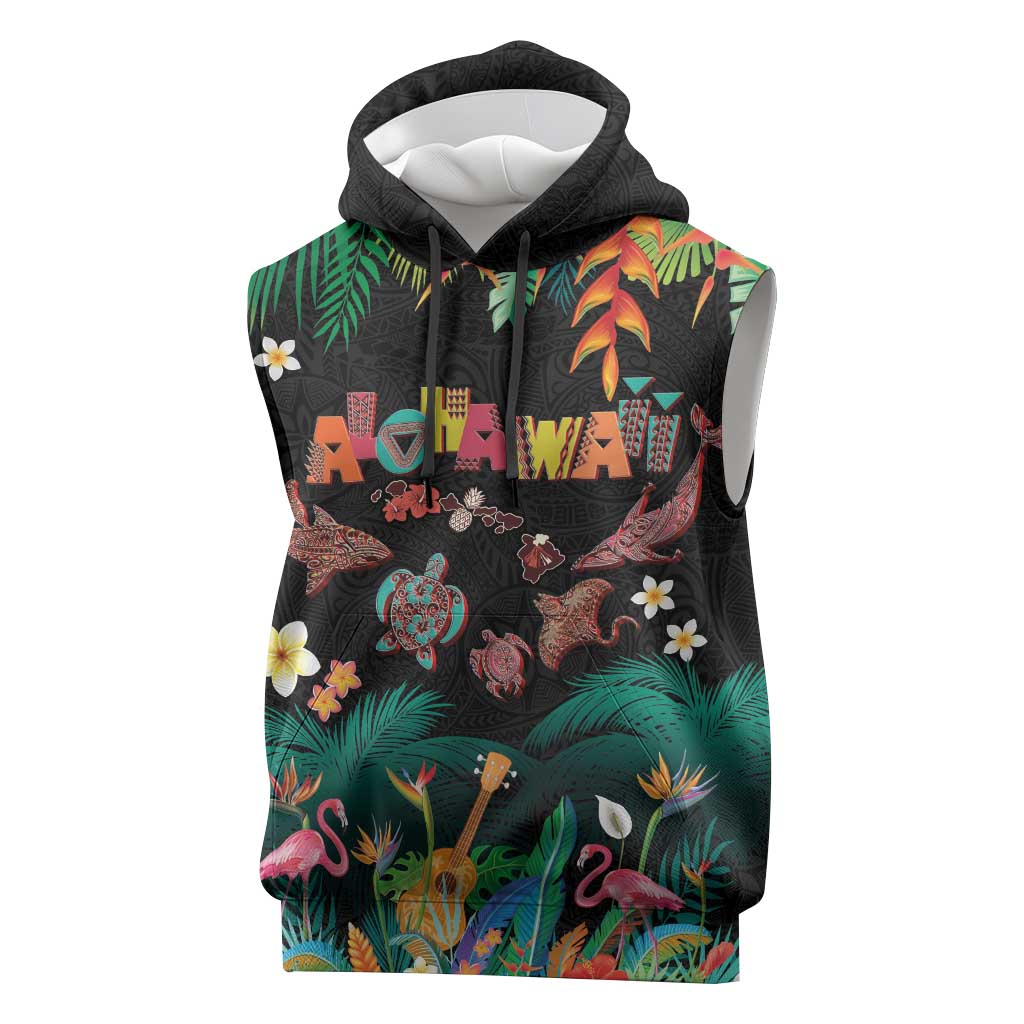 Hawaiian Alohawaii Sleeveless Hoodie Tribal Sea Animals Tattoo and Tropical Plants LT03 Black - Polynesian Pride