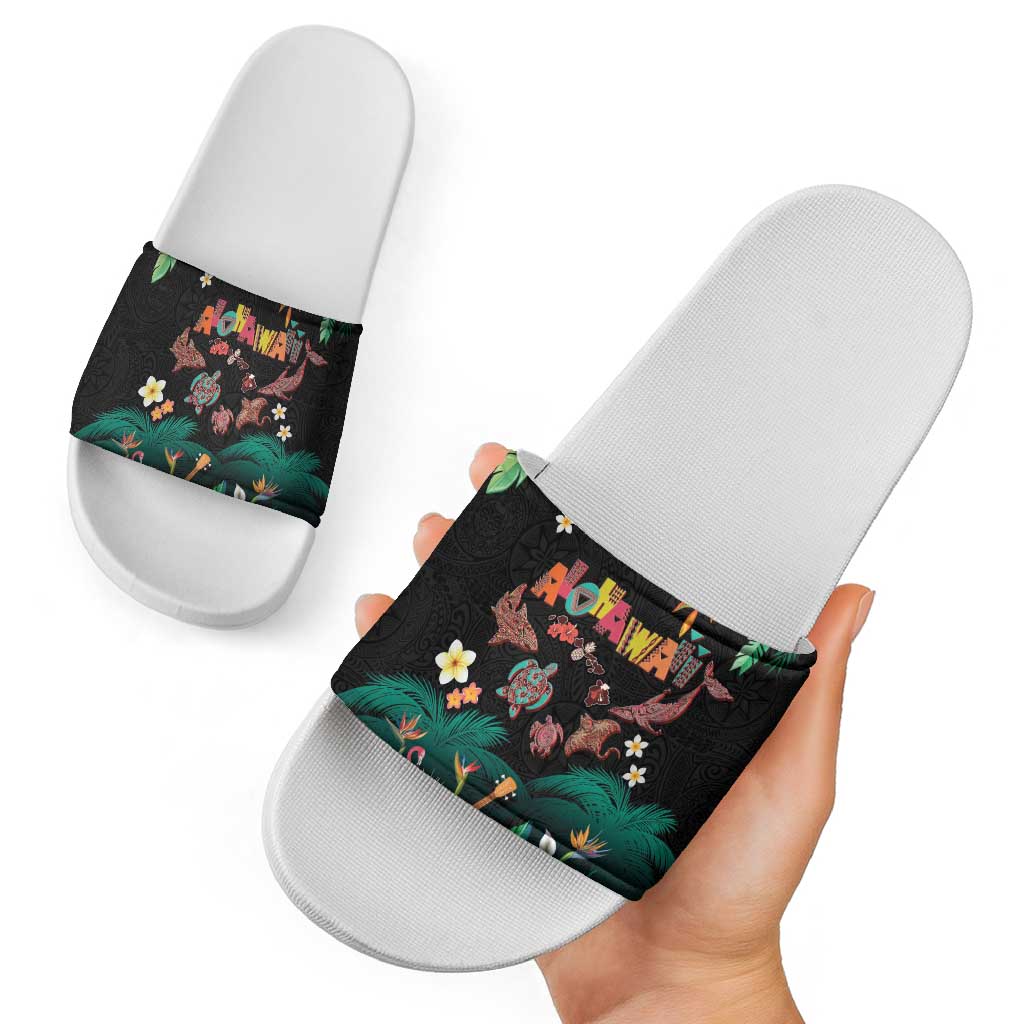 Hawaiian Alohawaii Slide Sandals Tribal Sea Animals Tattoo and Tropical Plants - Polynesian Pride
