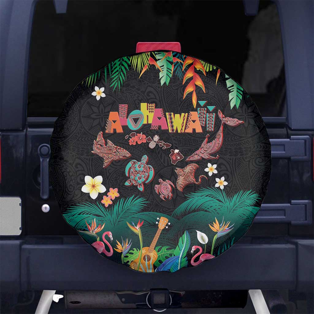 Hawaiian Alohawaii Spare Tire Cover Tribal Sea Animals Tattoo and Tropical Plants LT03 No hole Black - Polynesian Pride