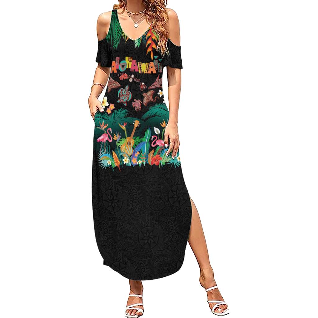 Hawaiian Alohawaii Summer Maxi Dress Tribal Sea Animals Tattoo and Tropical Plants LT03 Women Black - Polynesian Pride