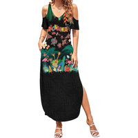 Hawaiian Alohawaii Summer Maxi Dress Tribal Sea Animals Tattoo and Tropical Plants LT03 Women Black - Polynesian Pride