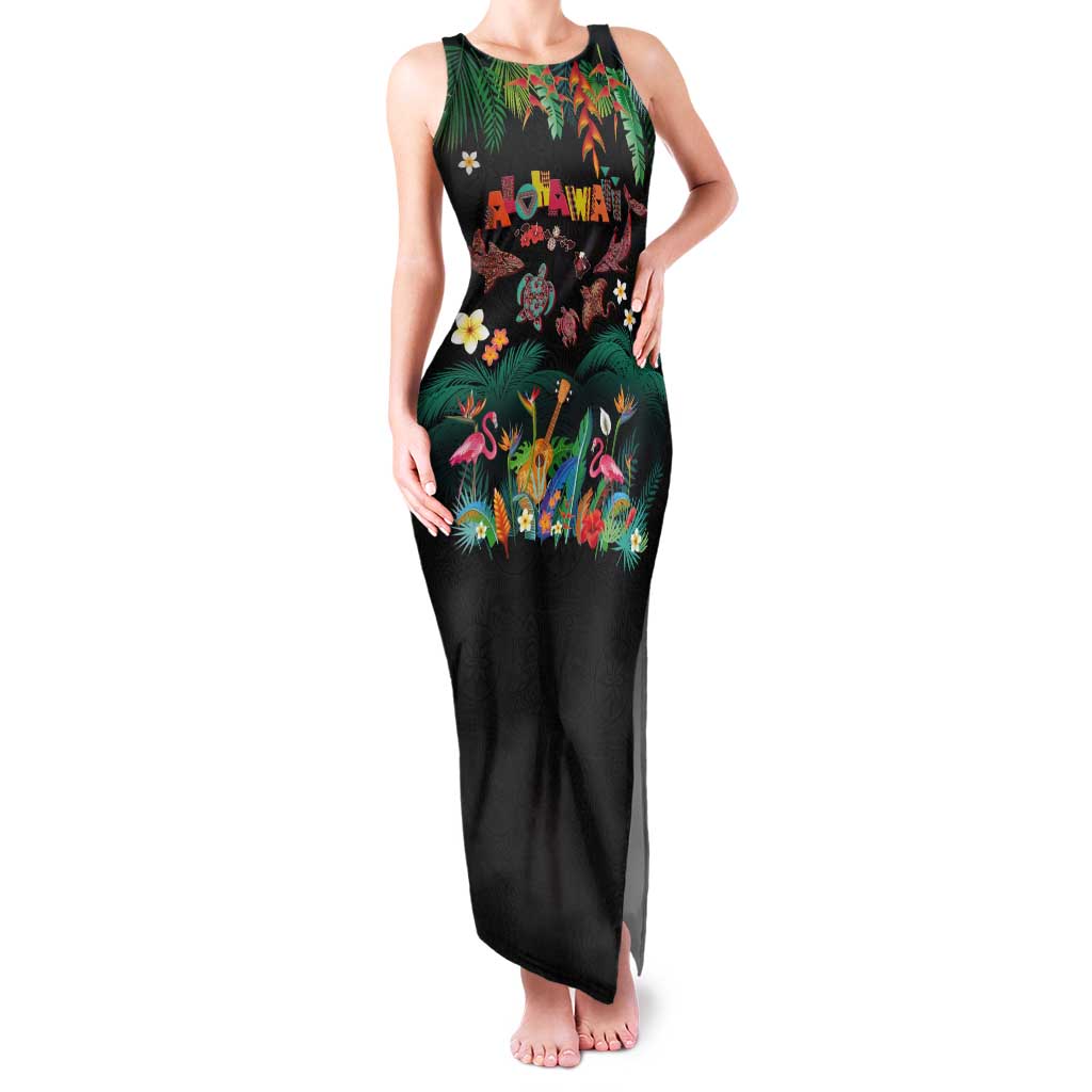 Hawaiian Alohawaii Tank Maxi Dress Tribal Sea Animals Tattoo and Tropical Plants LT03 Women Black - Polynesian Pride