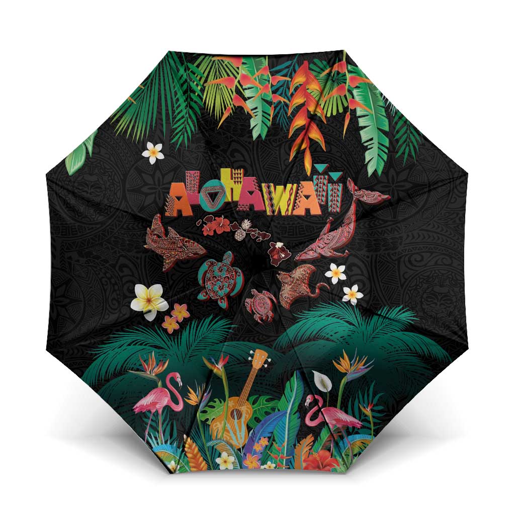 Hawaiian Alohawaii Umbrella Tribal Sea Animals Tattoo and Tropical Plants LT03 One Size Folded 11.42 inch Opened Diameter 37.4 inch Black - Polynesian Pride