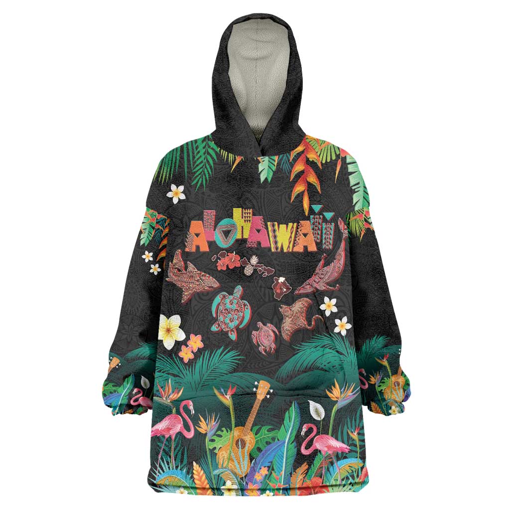 Hawaiian Alohawaii Wearable Blanket Hoodie Tribal Sea Animals Tattoo and Tropical Plants LT03 One Size Black - Polynesian Pride
