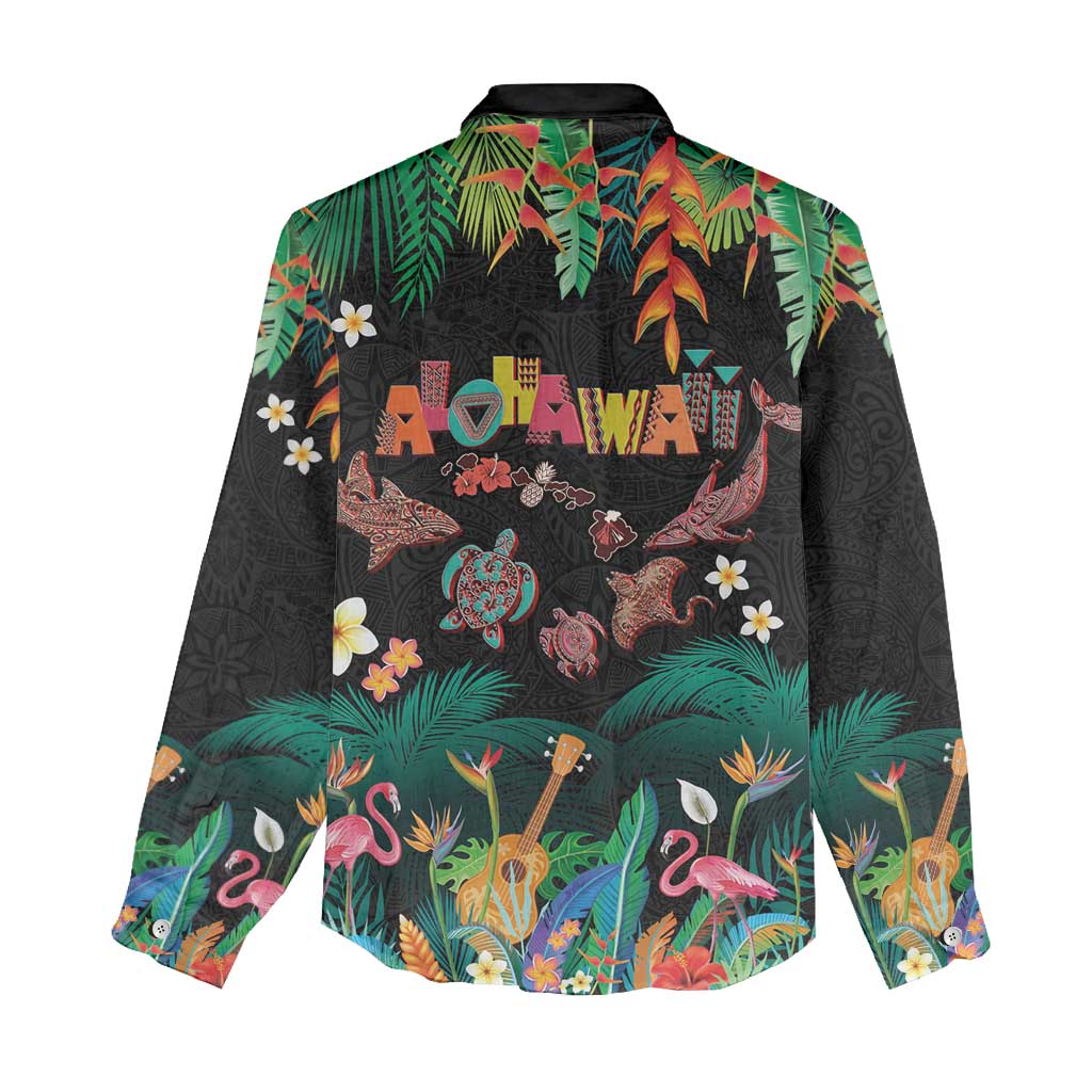 Hawaiian Alohawaii Women Casual Shirt Tribal Sea Animals Tattoo and Tropical Plants LT03 - Polynesian Pride
