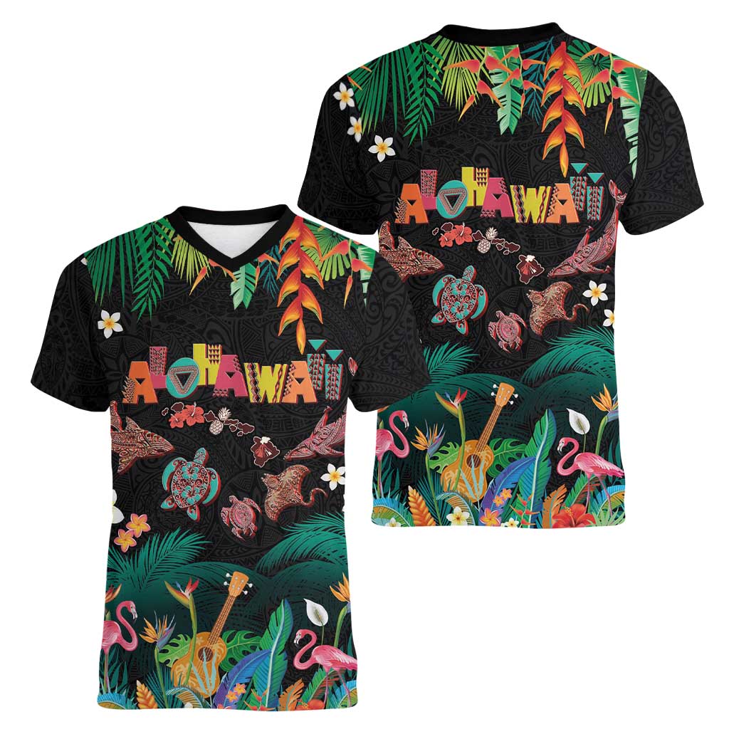 Hawaiian Alohawaii Women V-Neck T-Shirt Tribal Sea Animals Tattoo and Tropical Plants LT03 - Polynesian Pride