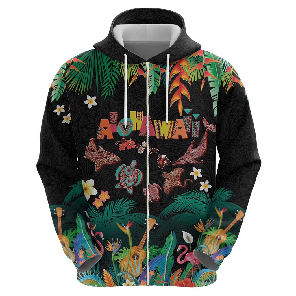 Hawaiian Alohawaii Zip Hoodie Tribal Sea Animals Tattoo and Tropical Plants LT03 - Polynesian Pride