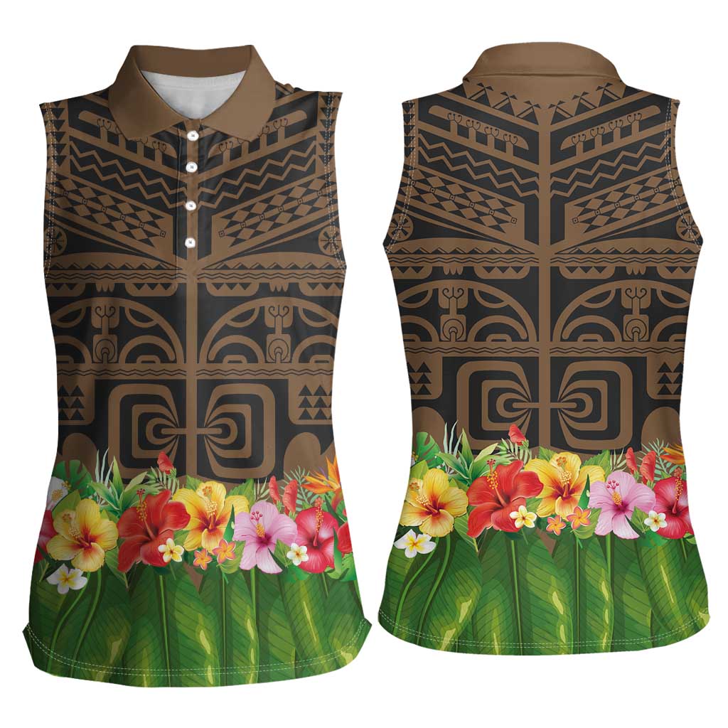 Hawaiian Hula Costume Women Sleeveless Polo Shirt Tribal Tattoo and Tropical Plants Skirt LT03 - Polynesian Pride