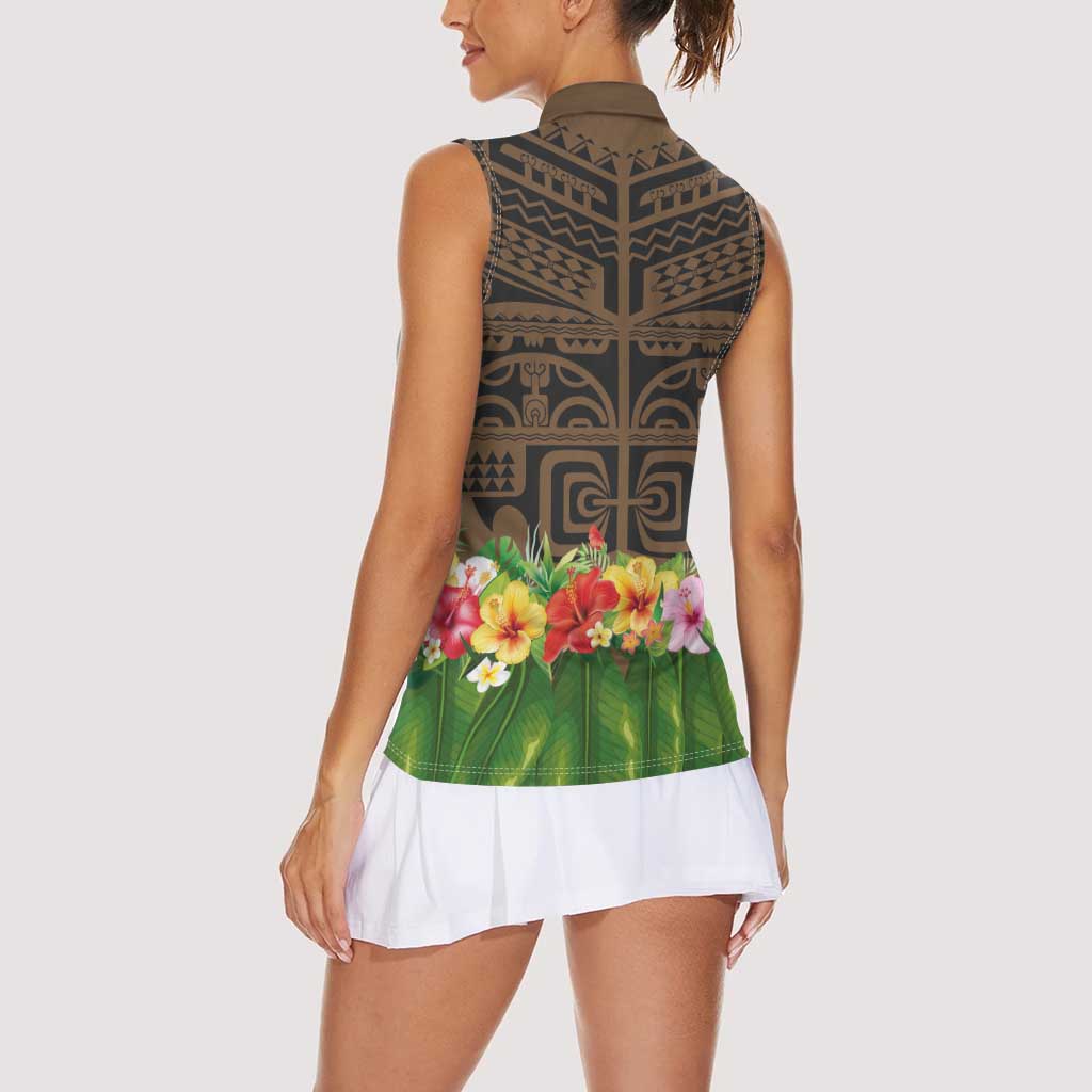 Hawaiian Hula Costume Women Sleeveless Polo Shirt Tribal Tattoo and Tropical Plants Skirt LT03 - Polynesian Pride