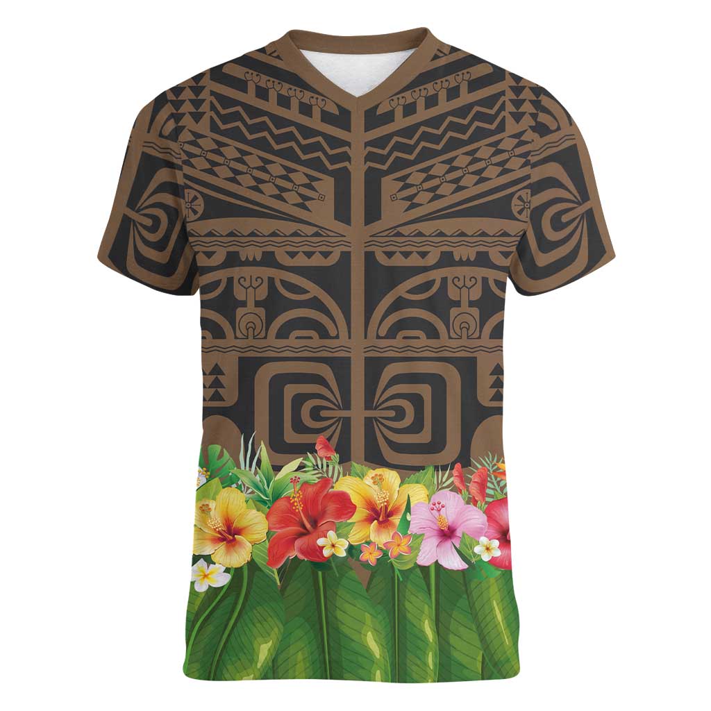 Hawaiian Hula Costume Women V-Neck T-Shirt Tribal Tattoo and Tropical Plants Skirt LT03 Female Brown - Polynesian Pride