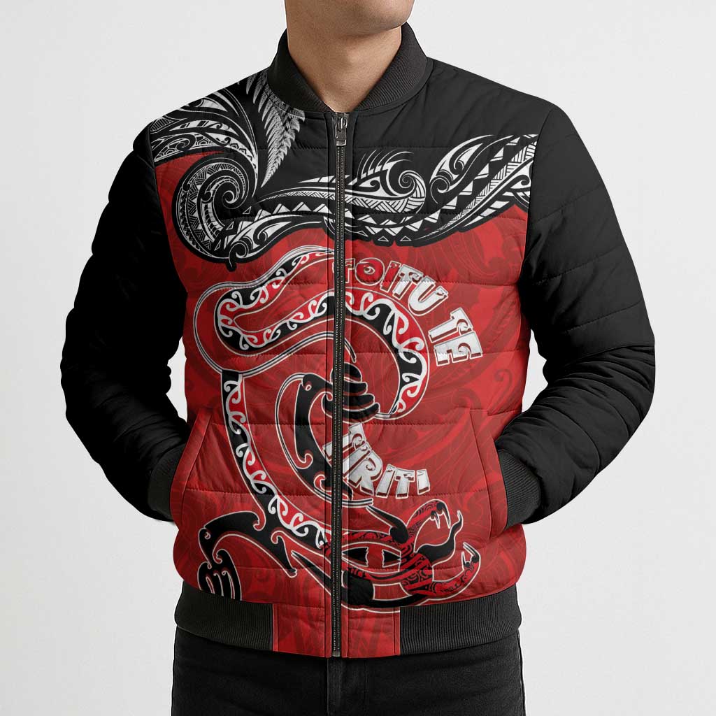 Personalised Aotearoa Toitu Te Tiriti Bomber Puffer Jacket Taniwha Tribal Motifs
