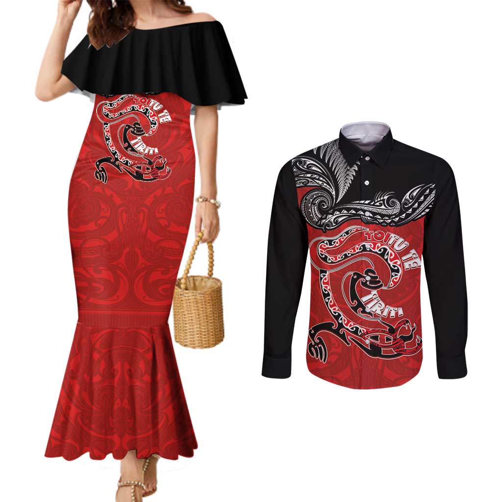 Personalised Aotearoa Toitu Te Tiriti Couples Matching Mermaid Dress and Long Sleeve Button Shirt Taniwha Tribal Motifs LT03 Multicolor - Polynesian Pride