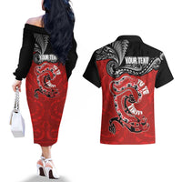 Personalised Aotearoa Toitu Te Tiriti Couples Matching Off The Shoulder Long Sleeve Dress and Hawaiian Shirt Taniwha Tribal Motifs LT03 - Polynesian Pride