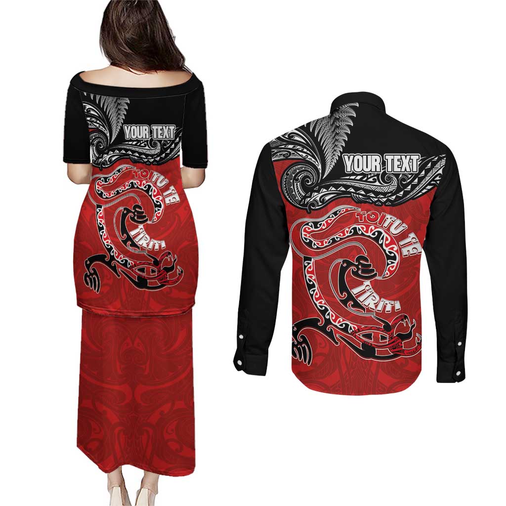 Personalised Aotearoa Toitu Te Tiriti Couples Matching Puletasi and Long Sleeve Button Shirt Taniwha Tribal Motifs