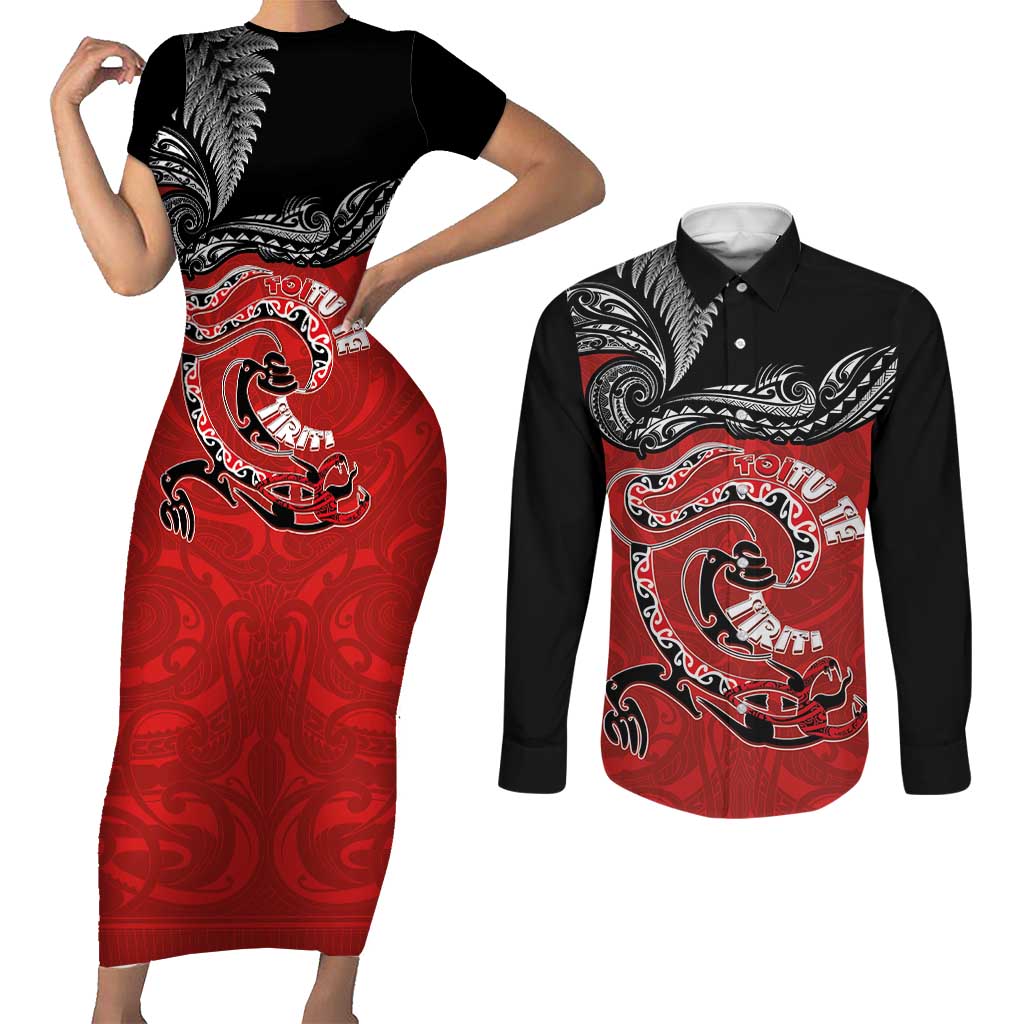 Personalised Aotearoa Toitu Te Tiriti Couples Matching Short Sleeve Bodycon Dress and Long Sleeve Button Shirt Taniwha Tribal Motifs