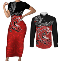 Personalised Aotearoa Toitu Te Tiriti Couples Matching Short Sleeve Bodycon Dress and Long Sleeve Button Shirt Taniwha Tribal Motifs LT03 Multicolor - Polynesian Pride