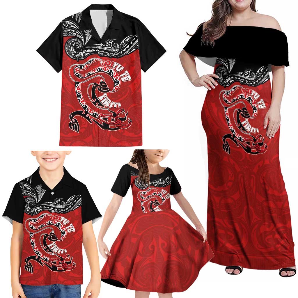 Personalised Aotearoa Toitu Te Tiriti Family Matching Off Shoulder Maxi Dress and Hawaiian Shirt Taniwha Tribal Motifs