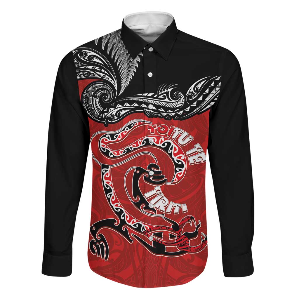 Personalised Aotearoa Toitu Te Tiriti Family Matching Puletasi and Hawaiian Shirt Taniwha Tribal Motifs LT03 Dad's Shirt - Long Sleeve Multicolor - Polynesian Pride