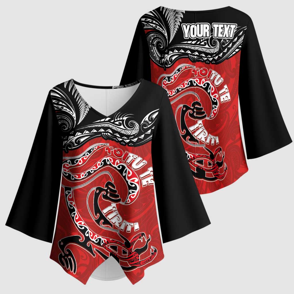 Personalised Aotearoa Toitu Te Tiriti Kimono Sleeve Blouse Taniwha Tribal Motifs