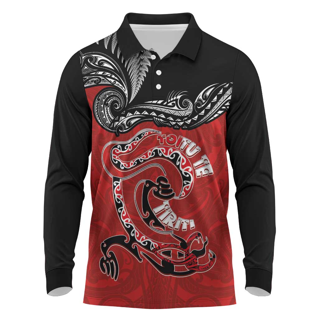 Personalised Aotearoa Toitu Te Tiriti Long Sleeve Polo Shirt Taniwha Tribal Motifs