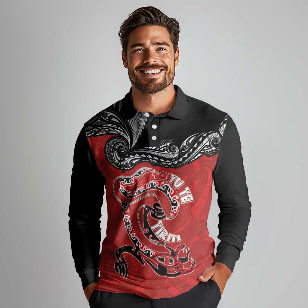 Personalised Aotearoa Toitu Te Tiriti Long Sleeve Polo Shirt Taniwha Tribal Motifs