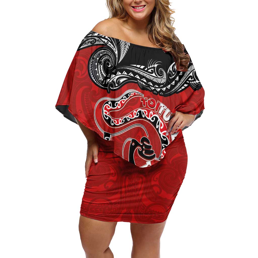 Personalised Aotearoa Toitu Te Tiriti Off Shoulder Short Dress Taniwha Tribal Motifs LT03 Women Multicolor - Polynesian Pride