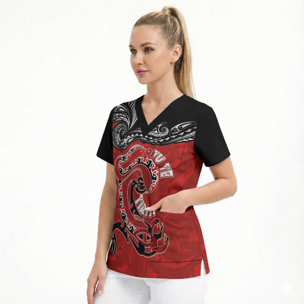 Personalised Aotearoa Toitu Te Tiriti Scrub Top Taniwha Tribal Motifs