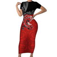 Personalised Aotearoa Toitu Te Tiriti Short Sleeve Bodycon Dress Taniwha Tribal Motifs LT03 Long Dress Multicolor - Polynesian Pride