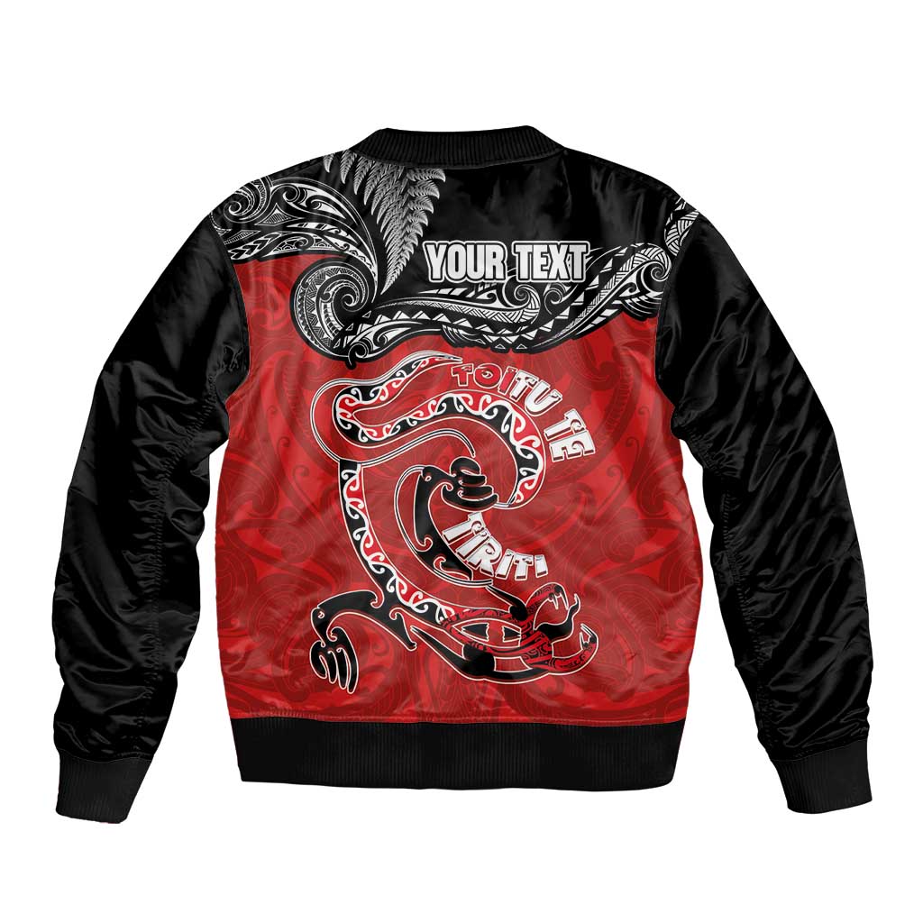 Personalised Aotearoa Toitu Te Tiriti Sleeve Zip Bomber Jacket Taniwha Tribal Motifs