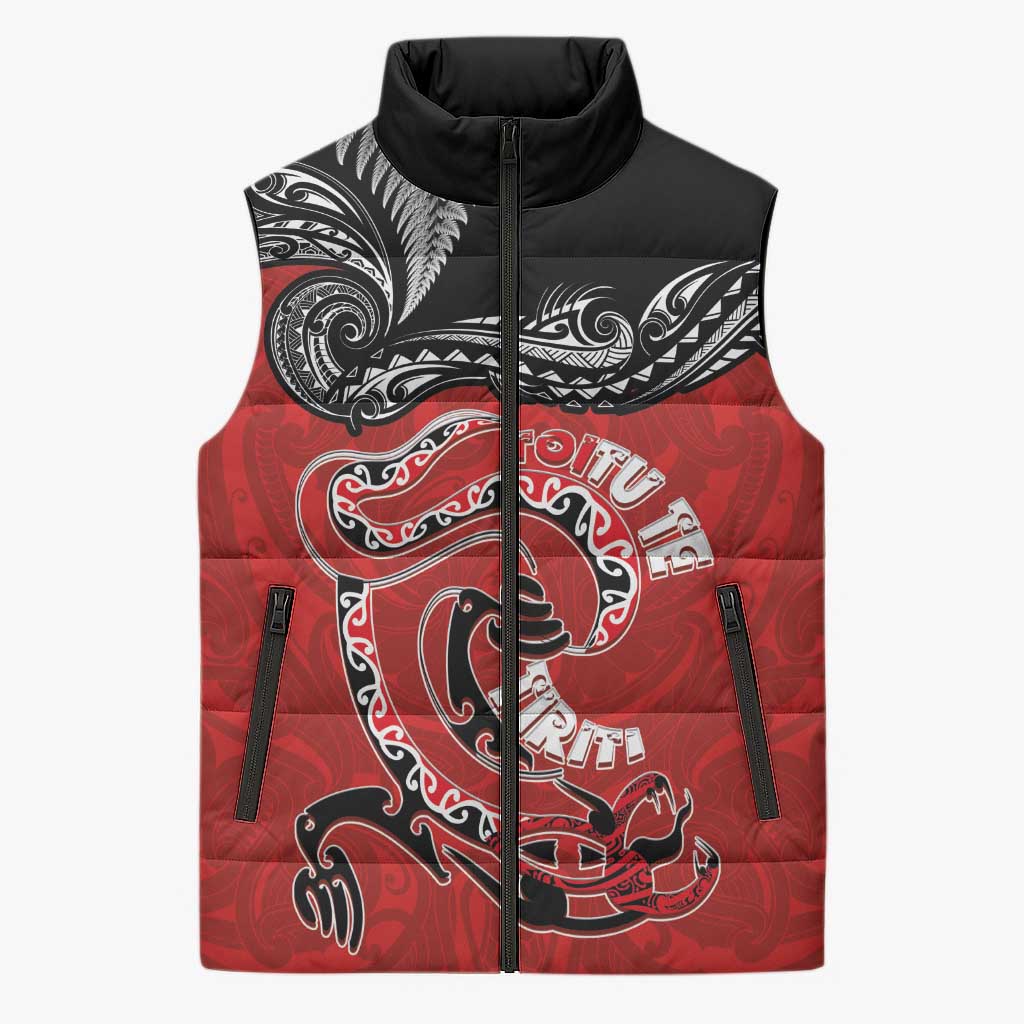 Personalised Aotearoa Toitu Te Tiriti Sleeveless Puffer Jacket Taniwha Tribal Motifs