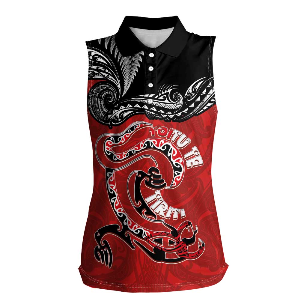 Personalised Aotearoa Toitu Te Tiriti Women Sleeveless Polo Shirt Taniwha Tribal Motifs