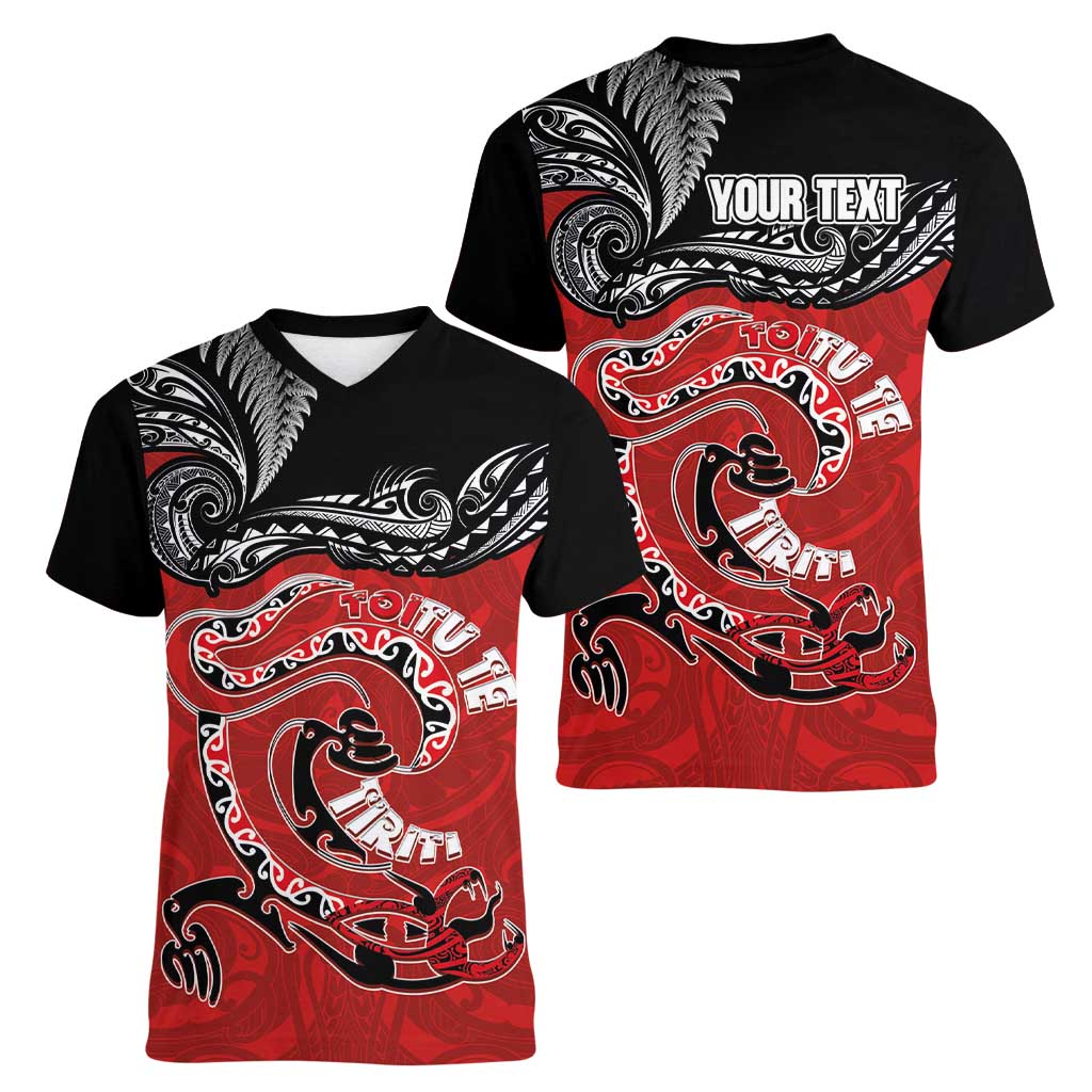 Personalised Aotearoa Toitu Te Tiriti Women V-Neck T-Shirt Taniwha Tribal Motifs LT03 - Polynesian Pride