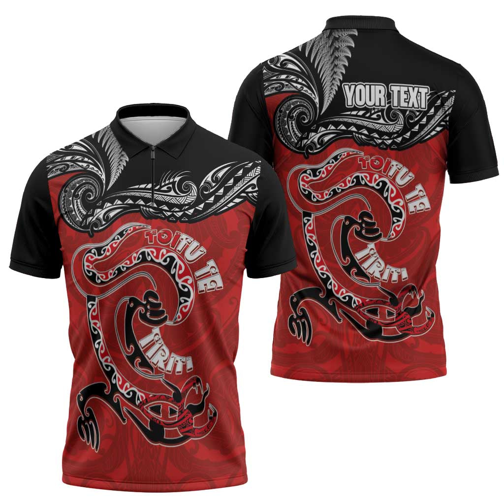 Personalised Aotearoa Toitu Te Tiriti Zipper Polo Shirt Taniwha Tribal Motifs